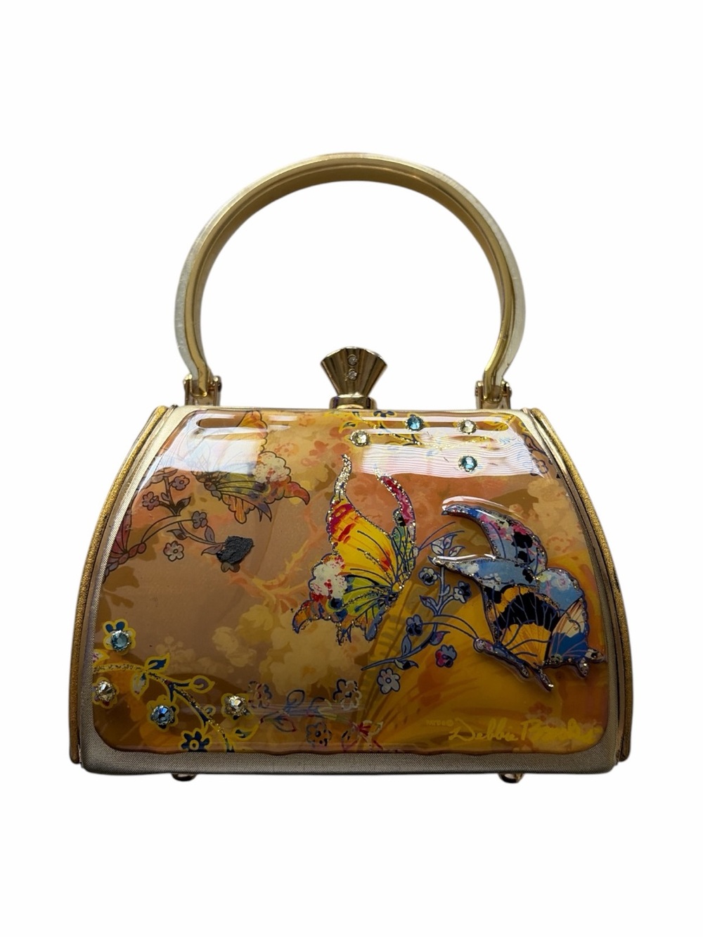 VTG Debbie Brooks Yellow Butterfly Enameled Dome Handbag Whimsy Floral Glitter